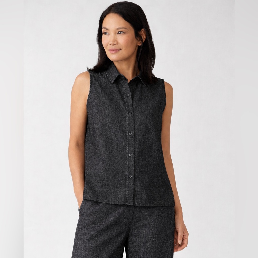 EILEEN FISHER NWT M Airy Organic Twill Sleeveless Shirt in Black • Variegated